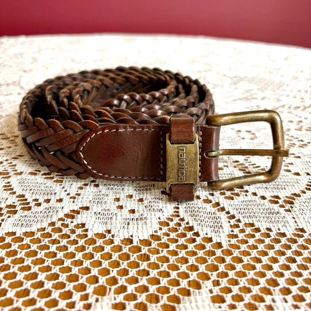 Vintage Nautica Braided Leather Belt Men's 42 Brown Mahogany Woven Brass Buckle